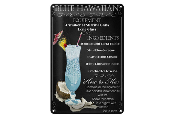 Blue Hawaiian - Cocktail Rezept – Metallschild – 20x30cm