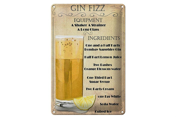 Gin Fizz - Gin Rezept Retro – Metallschild – 20x30cm