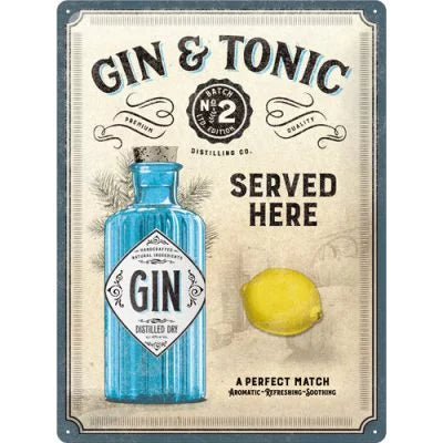 Gin – Tonic Served Here - Beige Edition – Metallschild 30 x 40 cm