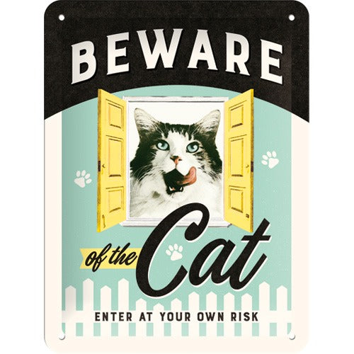 Pass auf vor der Katze – Beware of the Cat – Metallschild – 15x20 cm