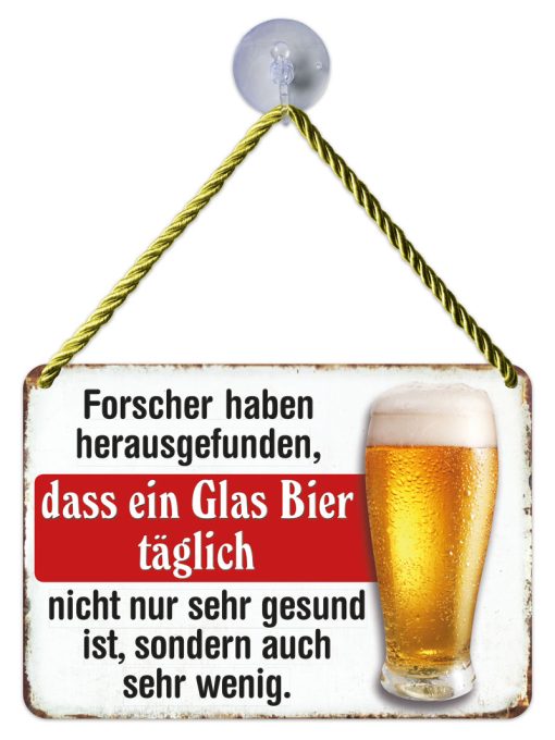 Ein Glas Bier täglich – Hängeschild - Metallschild mit Kordel und Saugnapf 16,5x11,5 cm