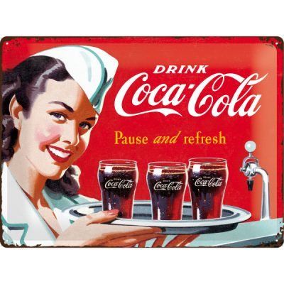 Coca Cola Werbeschild – mit Kellnerin im 50s Style – Metallschild - 30x40 cm