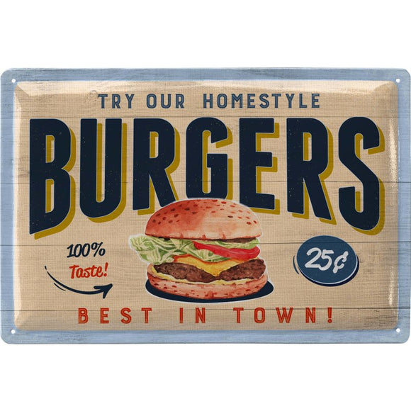 Try our Homestyle Burgers - Hausgemachter Burger – Metallschild – 20x30cm