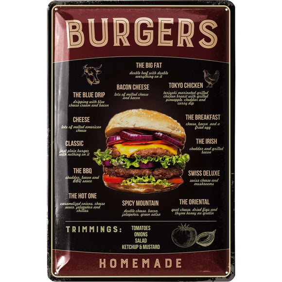 Homemade Burgers Menu - Hausgemachter Burger – Metallschild – 20x30cm