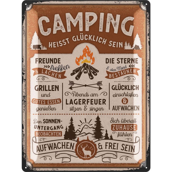 Camping heisst glücklich sein – Metallschild 30×40 cm