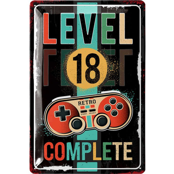 Level 18 Complete - 18. Geburtstag - Controller Retro – Metallschild – 20x30cm