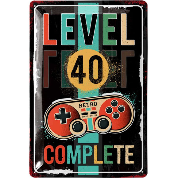 Level 40 Complete - 40. Geburtstag - Controller Retro – Metallschild – 20x30cm