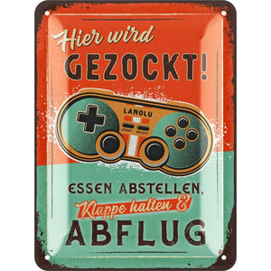 Hier wird gezockt! - Controller Retro orange – Metallschild – 15x20cm