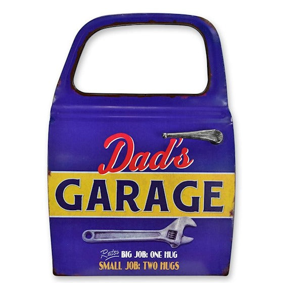 Tür Dad`s Garage aus Metall in blau ca. 40x58cm Silhouette