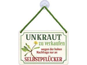 Unkraut zu verkaufen Garten Hängeschild - Metallschild mit Kordel und Saugnapf 16,5x11,5 cm