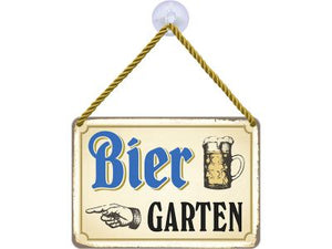 Biergarten Bier Hängeschild - Metallschild mit Kordel und Saugnapf 16,5x11,5 cm